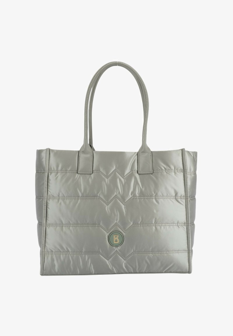 Grå vadderad tote-väska med två handtag, som har en logotypdetalj och en glänsande yta. Anmärkningsvärd zigzag-sömnadsdetalj på ytan.