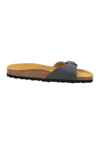 Grijze slide-sandaal met een enkele band, voorzien van een decoratieve gesp, kurken voetbed en een gestructureerde buitenzool. Plat ontwerp voor comfort.