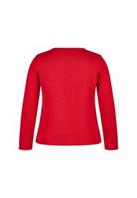 Roter, langärmeliger Strickpullover mit einfachem Rundhalsausschnitt, von hinten auf einem weißen Hintergrund gezeigt.