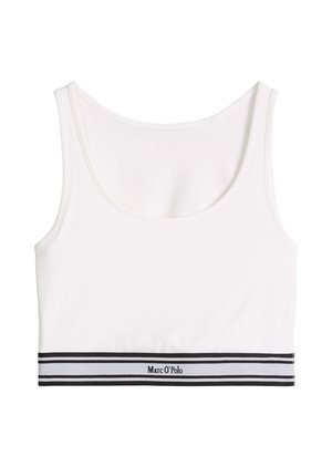 White cropped tank top with black and white striped elastic band and "Marc O'Polo" logo at the bottom front.