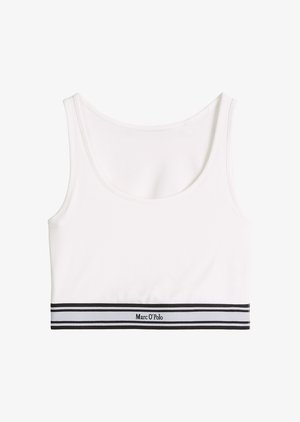 White cropped tank top with black and white striped elastic band and "Marc O'Polo" logo at the bottom front.