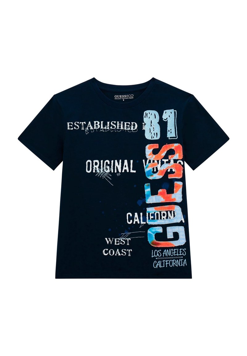 T-shirt di cotone blu navy con stampe grafiche in bianco, blu, rosso e arancione, con frasi come "Established 81" e "California."
