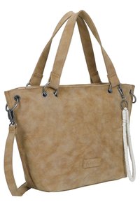 Beige-farbene Kunstleder-Shopper-Tasche mit verstärkten Nähten, doppelten Griffen, silbernen Beschlägen und dekorativem Quasten-Detail. Geräumiges und strukturiertes Design.