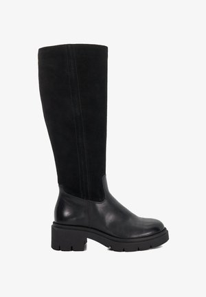 Zwarte kniehoge laarzen met een bovenkant van suede en een gladde leren onderste sectie, voorzien van een chunky rubberen zool en minimale stikdetails.