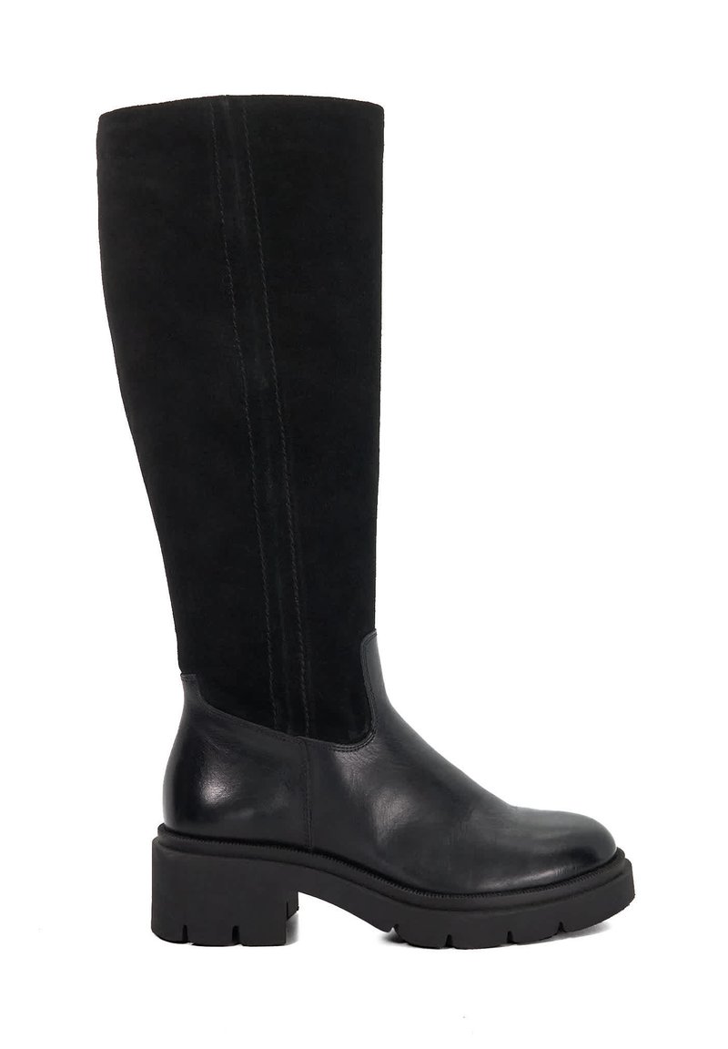 Black knee-high boots featuring a suede upper and a smooth leather lower section with a chunky rubber sole and minimal stitching detail.