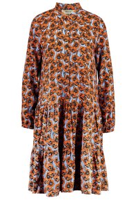 Robe à manches longues avec col, arborant un motif floral orange et bleu, un ourlet en volants en couches et une texture de tissu douce.