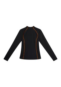 Svart långärmad träningsskjorta med orange accentstygn och hög krage, med ventilationshål på ryggen.