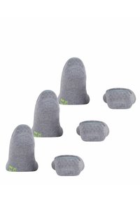 Chaussettes grises de différentes tailles avec une texture lisse. Présentent un logo vert vif sur le côté et un design supérieur courbé.