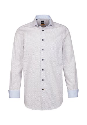 Langärmliges Hemd aus hellblauem und weißem Stoff mit kleinem geometrischem Muster, Button-Down-Kragen und kontrastierenden Manschettendetails.
