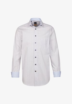 Camicia a maniche lunghe in tessuto azzurro chiaro e bianco, con un piccolo motivo geometrico, colletto con bottoni e dettagli dei polsini a contrasto.