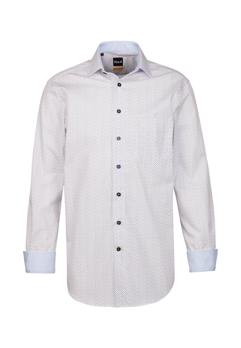 Camicia a maniche lunghe in tessuto azzurro chiaro e bianco, con un piccolo motivo geometrico, colletto con bottoni e dettagli dei polsini a contrasto.