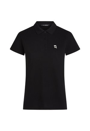 Must lühikeste varrukatega polosärk, millel on kolm nööpi ja väike valge ja hall näologo vasakul rinnal.