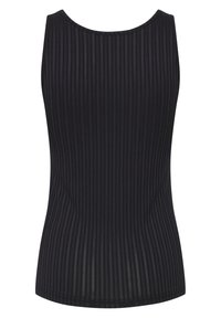 Svart ribbad linne, ärmlös design, rund halsringning, texturerad tyg, kroppsnära silhuett, med en slät nederkant.