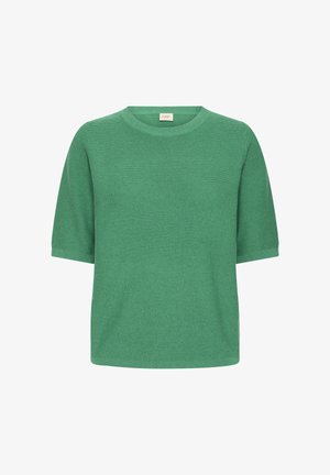 Zelený pletený top s krátkym rukávom, okrúhlym výstrihom, textúrovaným povrchom a rovným lemom, vyrobený z mäkkého materiálu.