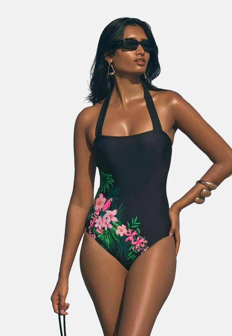 Love & Roses PRINTED HALTER TUMMY CONTROL  - Peldkostīms - black tropical