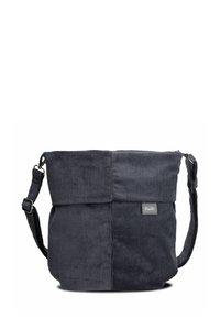 Borsa a tracolla in velluto a coste grigio scuro con un ampio scomparto principale, chiusura con cerniera e tracolla regolabile. Presenta una piccola etichetta con il logo sul davanti.