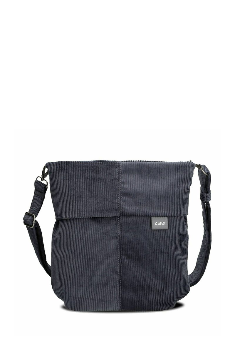 Borsa a tracolla in velluto a coste grigio scuro con un ampio scomparto principale, chiusura con cerniera e tracolla regolabile. Presenta una piccola etichetta con il logo sul davanti.