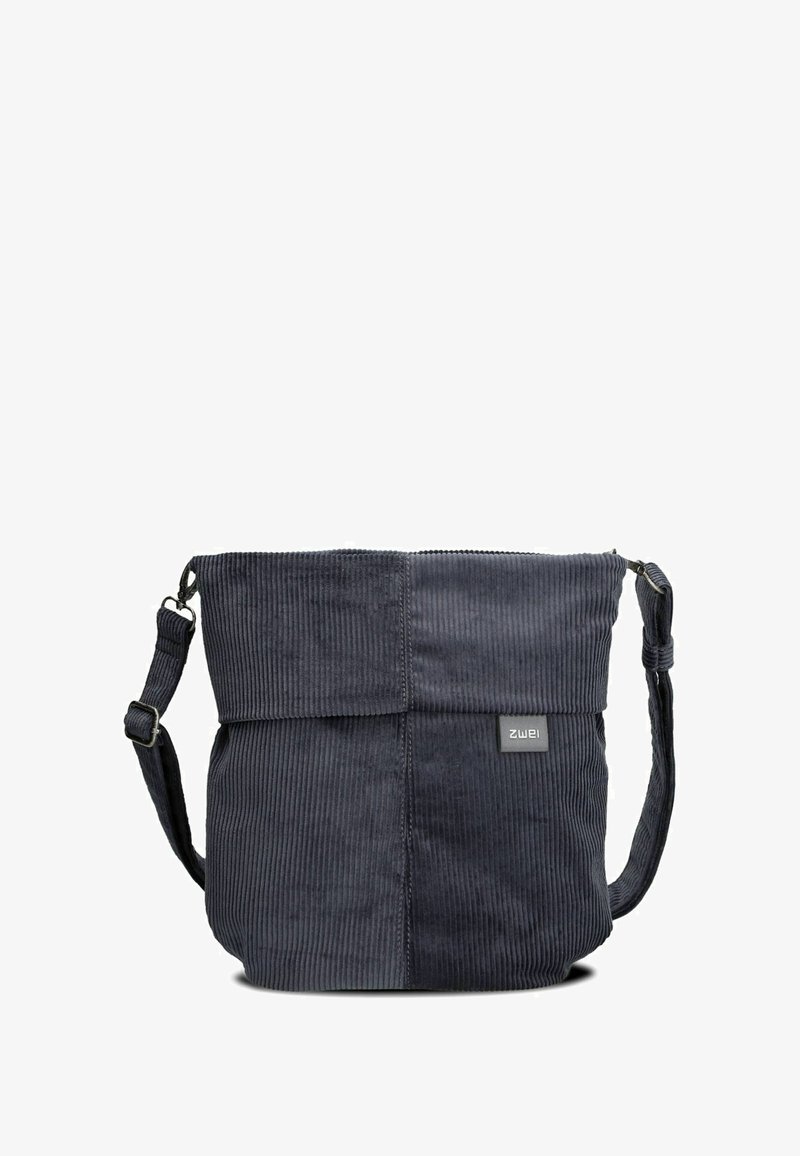 Borsa a tracolla in velluto a coste grigio scuro con un ampio scomparto principale, chiusura con cerniera e tracolla regolabile. Presenta una piccola etichetta con il logo sul davanti.