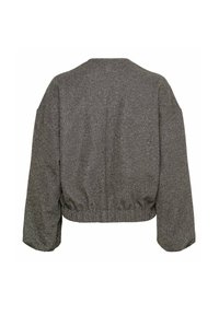 Afgeknot grijs jasje van een gestructureerde, reflecterende stof met een elastische tailleband; heeft verlaagde schouders en lange, taps toelopende mouwen.