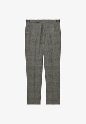 Szürke, kockás mintájú, sötétebb szürke árnyalatú szőtt nadrág narancssárga részletekkel. Két elülső zseb és dupla gombos záródás a deréknál.