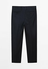 Black trousers with a pinstripe pattern, featuring a tailored fit, two back pockets with button accents, and a smooth fabric texture.