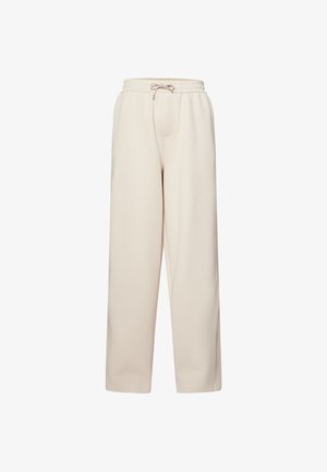 Pantaloni beige a vita alta e gamba larga con elastico in vita e chiusura con coulisse, realizzati in tessuto morbido.