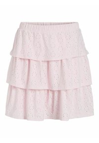 Jupe rose à plusieurs niveaux avec trois volants superposés. Fabriquée en tissu léger avec des détails en broderie anglaise pour la texture. Taille élastique en haut.