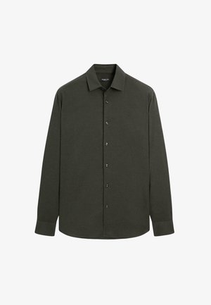 Ciemnozielona koszula z długim rękawem, wykonana z miękkiego materiału, z wywijanym kołnierzem, zapinana na guziki z regulowanymi mankietami zakończonymi czarnymi guzikami.