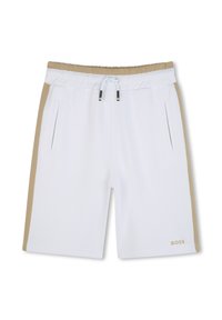 Pantaloni sportivi bianchi con pannelli laterali beige, vita elastica con cordoncino e tasche frontali. Logo "BOSS" in dettaglio dorato.