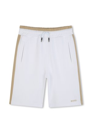 Pantaloni sportivi bianchi con pannelli laterali beige, vita elastica con cordoncino e tasche frontali. Logo "BOSS" in dettaglio dorato.