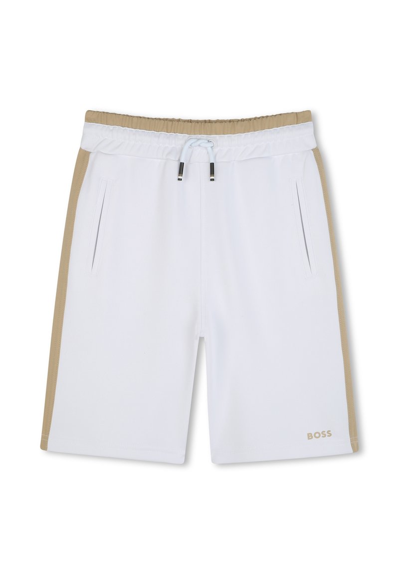Pantaloni sportivi bianchi con pannelli laterali beige, vita elastica con cordoncino e tasche frontali. Logo "BOSS" in dettaglio dorato.