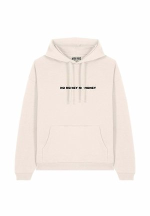 Beige hoodie met een voorzak en een capuchon met trekkoord. Voorzien van zwarte tekst "NO MONEY NO HONEY" op de borst. Zacht, casual stof.