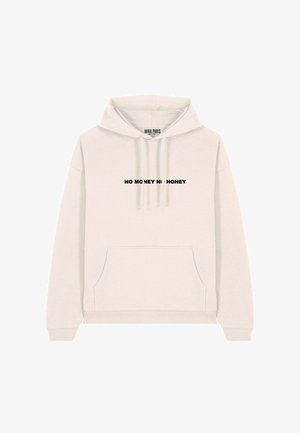 Felpa beige con tasca anteriore e cappuccio con cordoncino. Presenta la scritta nera "NO MONEY NO HONEY" sul petto. Tessuto morbido e casual.