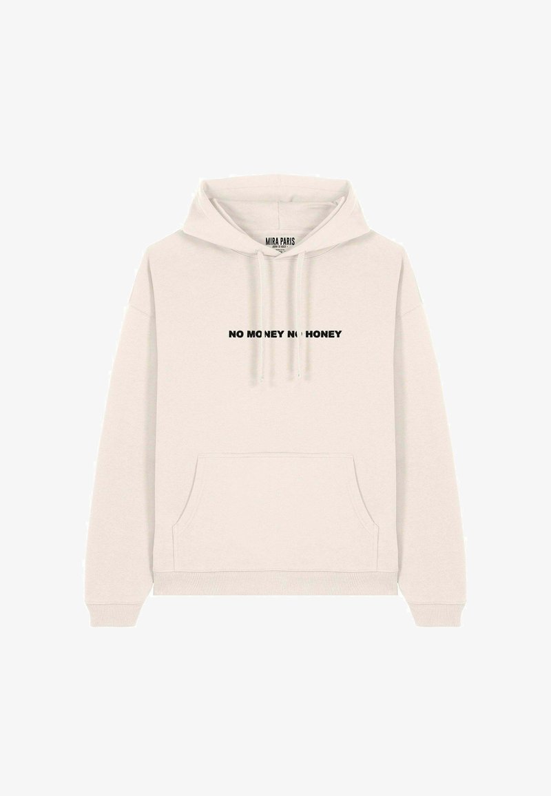 Felpa beige con tasca anteriore e cappuccio con cordoncino. Presenta la scritta nera "NO MONEY NO HONEY" sul petto. Tessuto morbido e casual.
