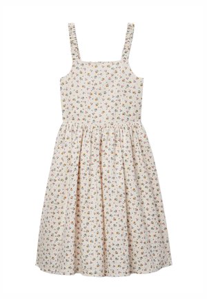 Robe sans manches de couleur crème avec jupe froncée et petit imprimé floral rose, jaune et orange partout.