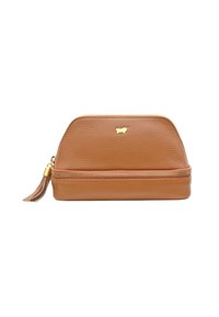 Borsa in pelle marrone con zip dorata e nappina, con un piccolo emblema di toro dorato sulla parte anteriore e un design con cima arrotondata.