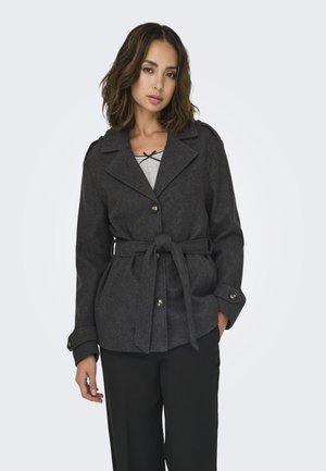Dark gray wool blend jacket with a belted waist, notch collar, and buttoned cuffs. Features a smooth texture and relaxed fit.