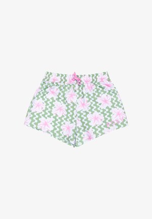 Pantaloni da bagno verdi con un motivo ondulato e fiori rosa. Caratterizzati da una vita elastica con cordoncino. Include un logo sul lato.