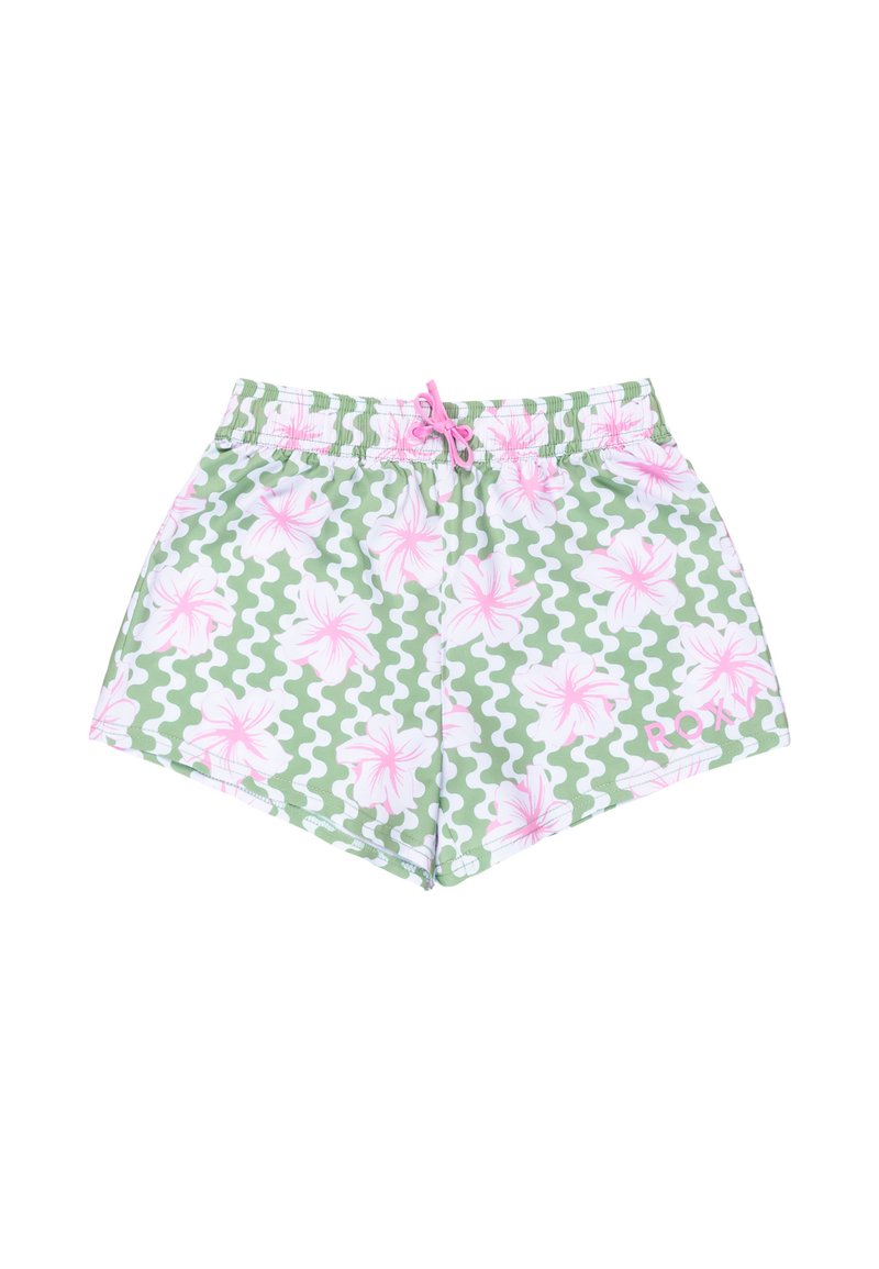 Gröna badshorts med ett vågigt mönster och rosa blommor. Har resårmidja med dragsko. Inkluderar en logotyp på sidan.