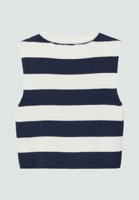 Gestreiftes ärmelloses Top in Marineblau und Weiß. Gerippter Stoff, runder Ausschnitt und gerader Saum. Lässiges Design für bequemen Tragekomfort.