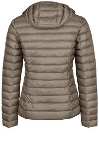 Gegevensjack, beige kleur, met een capuchon. Kenmerkt zich door horizontale stiksels, een gladde textuur en een getailleerde pasvorm.