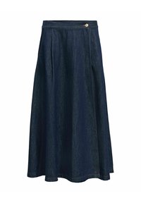 Mørkeblå denim A-linje midi nederdel med høj talje og en lille metallisk knap på taljeblukningen.