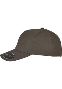 Dark olive green cap made of sturdy fabric, featuring a structured design, curved brim, and six ventilation holes. Flexfit branded tag included.