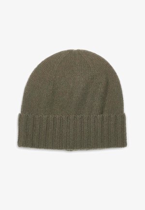 Grüner, gestrickter Beanie-Hut mit einem gerippten Bund. Hergestellt aus weichem, strukturiertem Material, mit einer abgerundeten Oberseite und umgeschlagenem Saum.