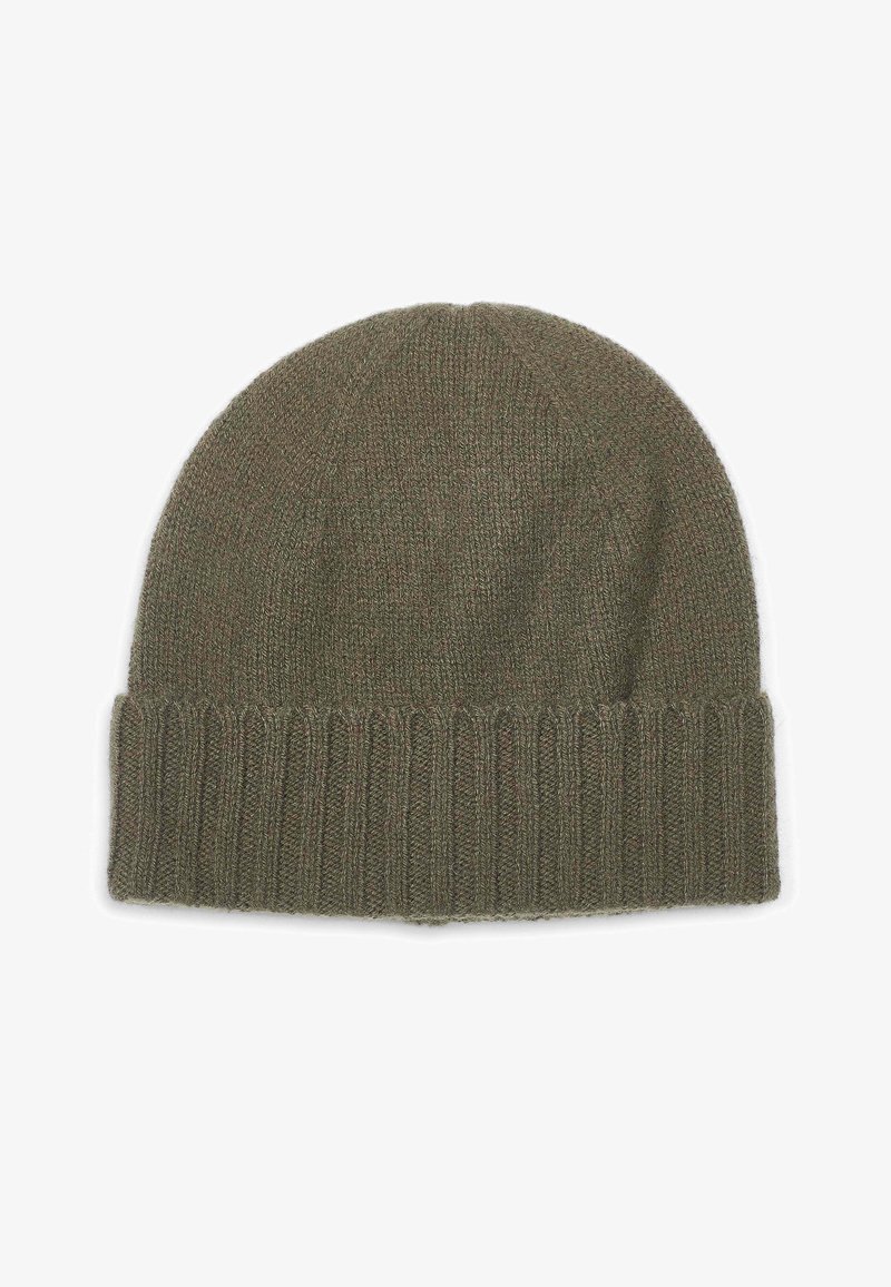 Zelená pletená čepice s vroubkovaným lemem. Vyrobena z měkkého, texturovaného materiálu, s kulatou horní částí a přehnutým lemem.