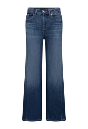 Blue denim jeans with a high waist, button closure, front pockets, and wide straight legs, shown against a white background.