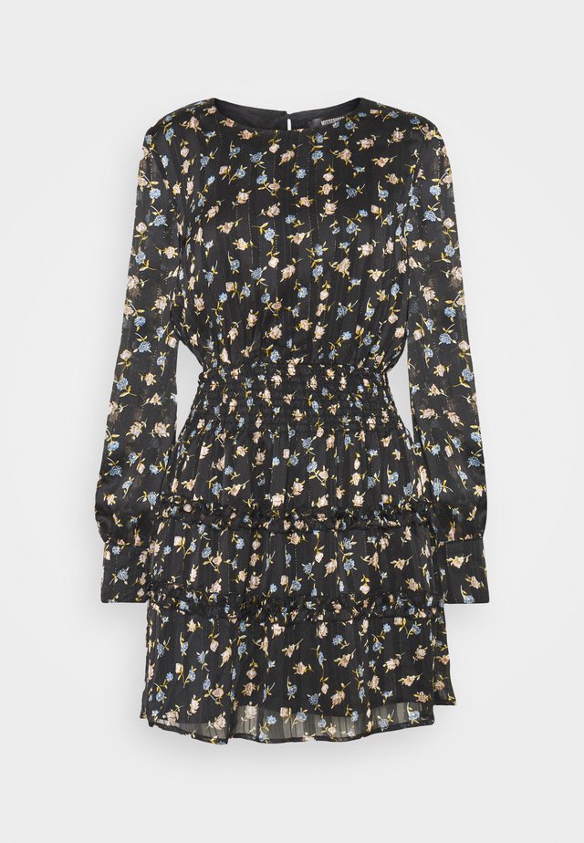 FLORAL SHIRRED WAIST MINI DRESS - Freizeitkleid - black