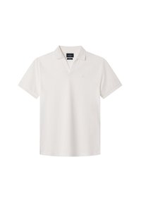 Polo tričko s krátkým rukávem v barvě off-white, s výstřihem do V, vyrobené z měkké bavlny, a malou logovou nášivkou na hrudi.