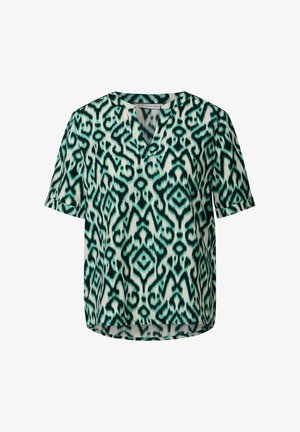 Bluse mit kurzen Ärmeln in einem türkis-weißen abstrakten Muster, V-Ausschnitt und leicht lockerer Passform mit abgerundetem Saum.