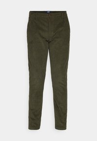 Olivgröna kordbyxor med slim fit, med framfickor och dragkedja, som visar en ribbad textur och en minimalistisk design.